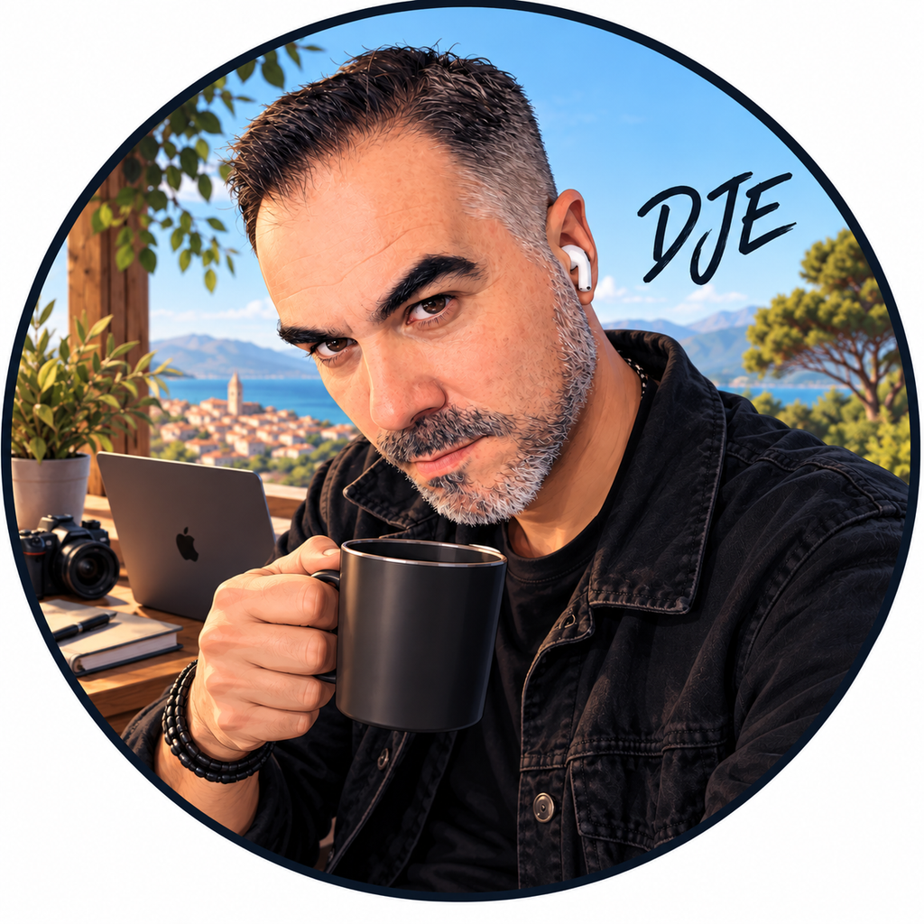 Portrait de djekill, un café à la main, devant un ordinateur portable et un appareil photo