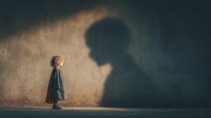 Silhouette d'une petite fille face à l'ombre immense projetée sur un mur
