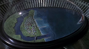 Vue en plongée d'une ville miniature enfermée sous un dôme de verre