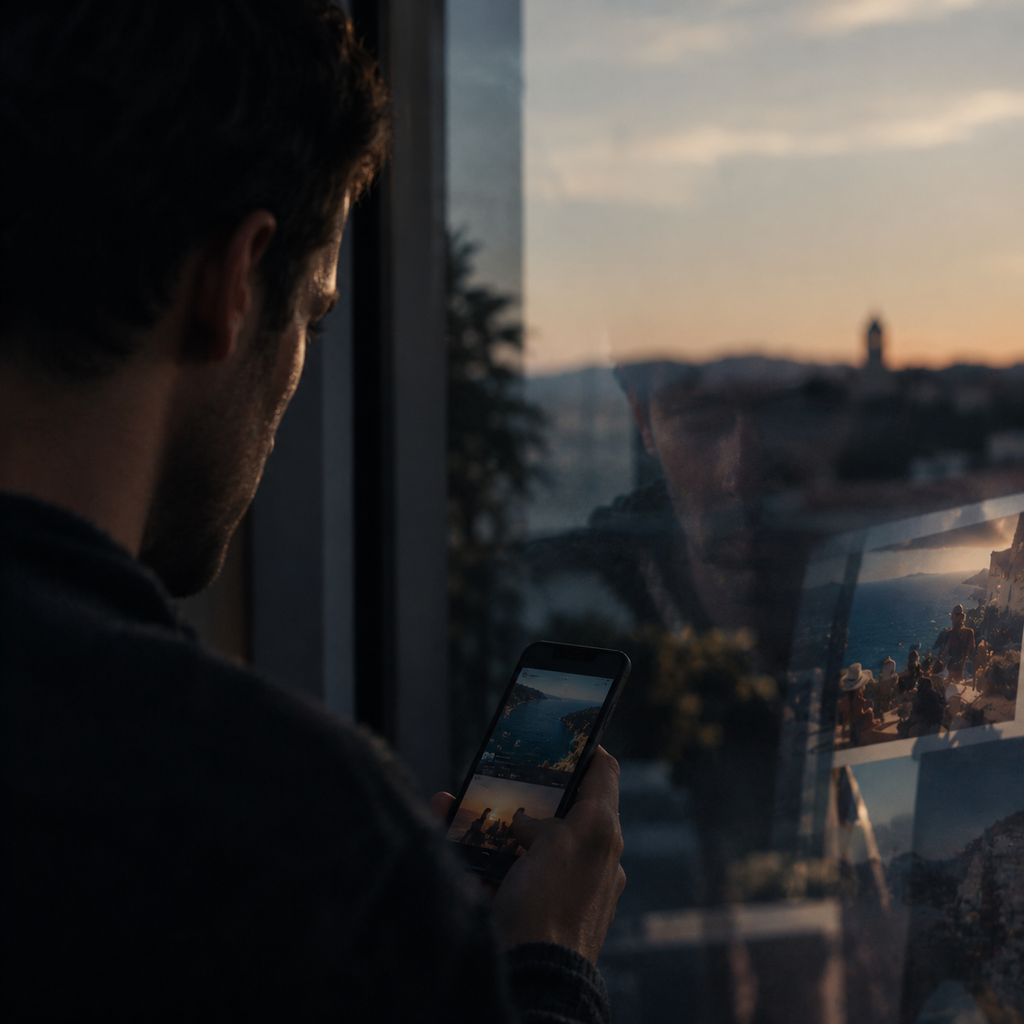 Un homme de profil regarde son téléphone où défilent des photos de vacances, avec un coucher de soleil sur la ville en reflet dans la vitre